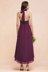 Stylish Hi-Lo Halter Grape Chiffon Affordable Bridesmaid Dresses with Ruffle