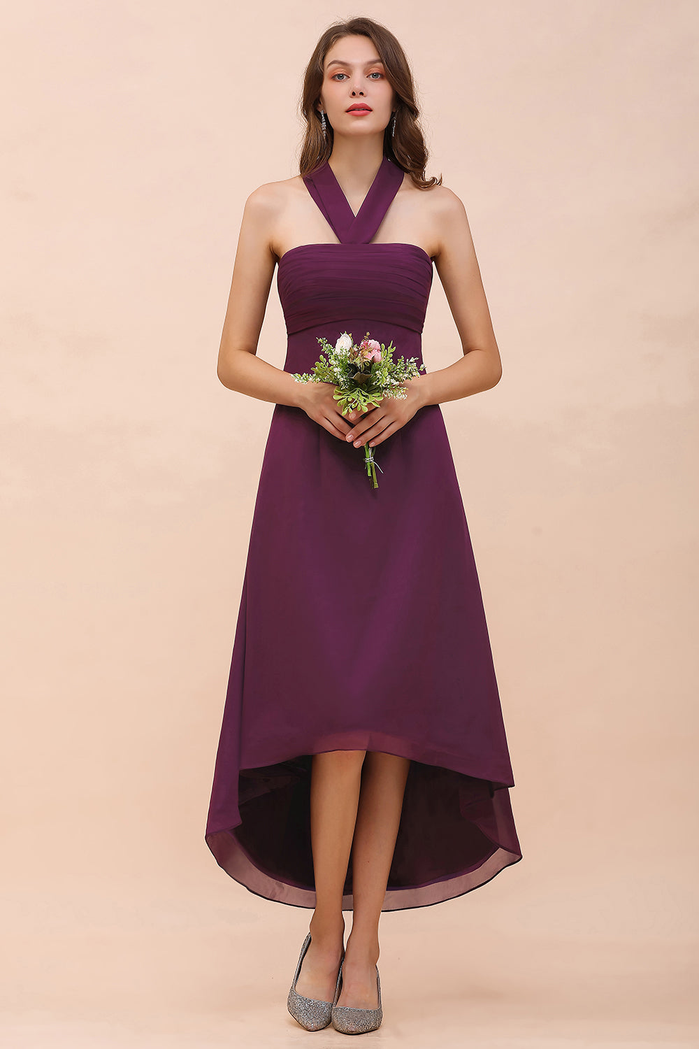 Stylish Hi-Lo Halter Grape Chiffon Affordable Bridesmaid Dresses with Ruffle