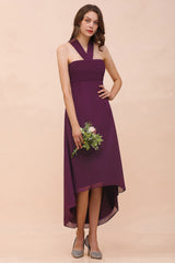 Stylish Hi-Lo Halter Grape Chiffon Affordable Bridesmaid Dresses with Ruffle