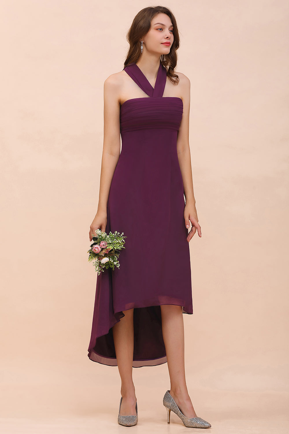 Stylish Hi-Lo Halter Grape Chiffon Affordable Bridesmaid Dresses with Ruffle