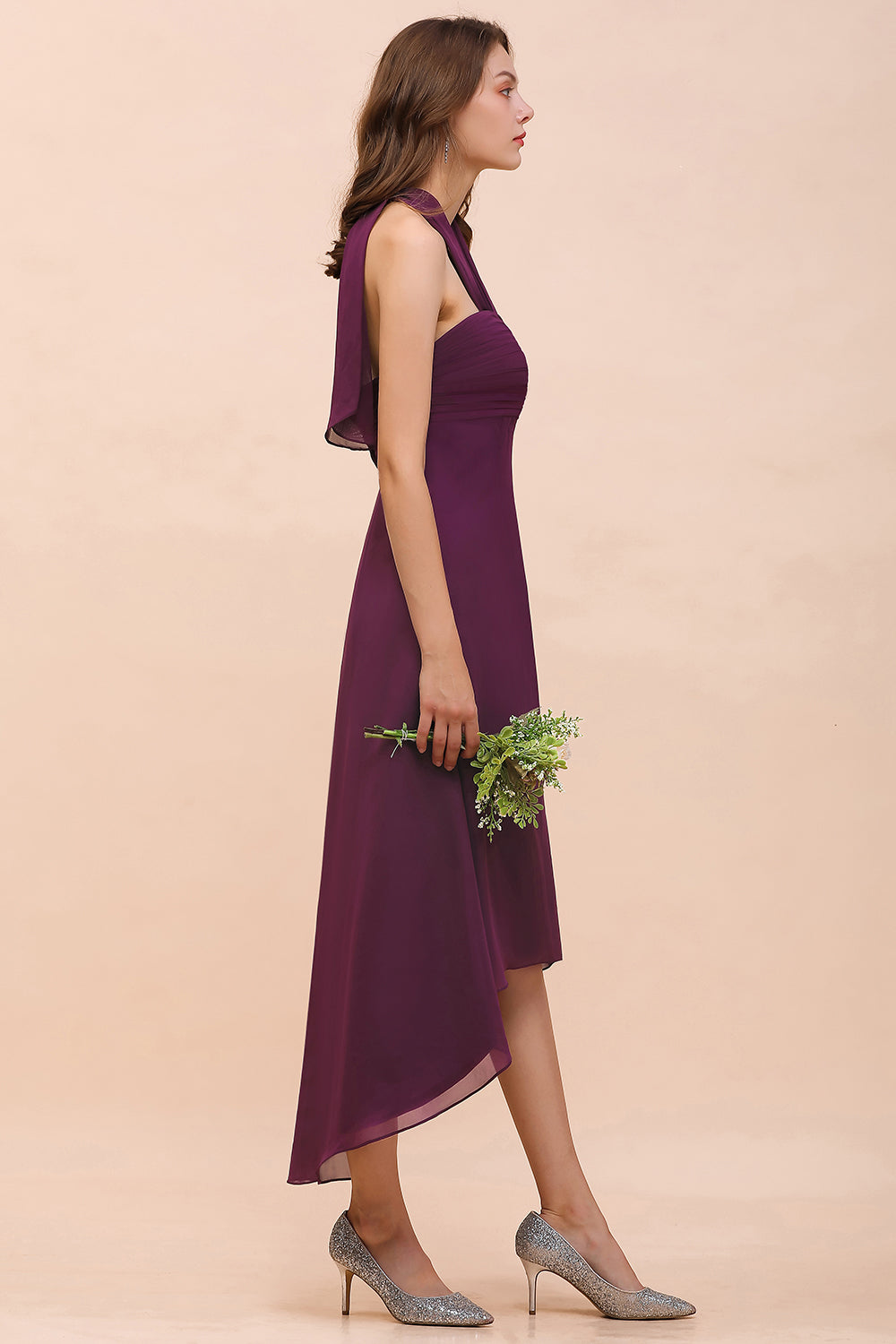 Stylish Hi-Lo Halter Grape Chiffon Affordable Bridesmaid Dresses with Ruffle