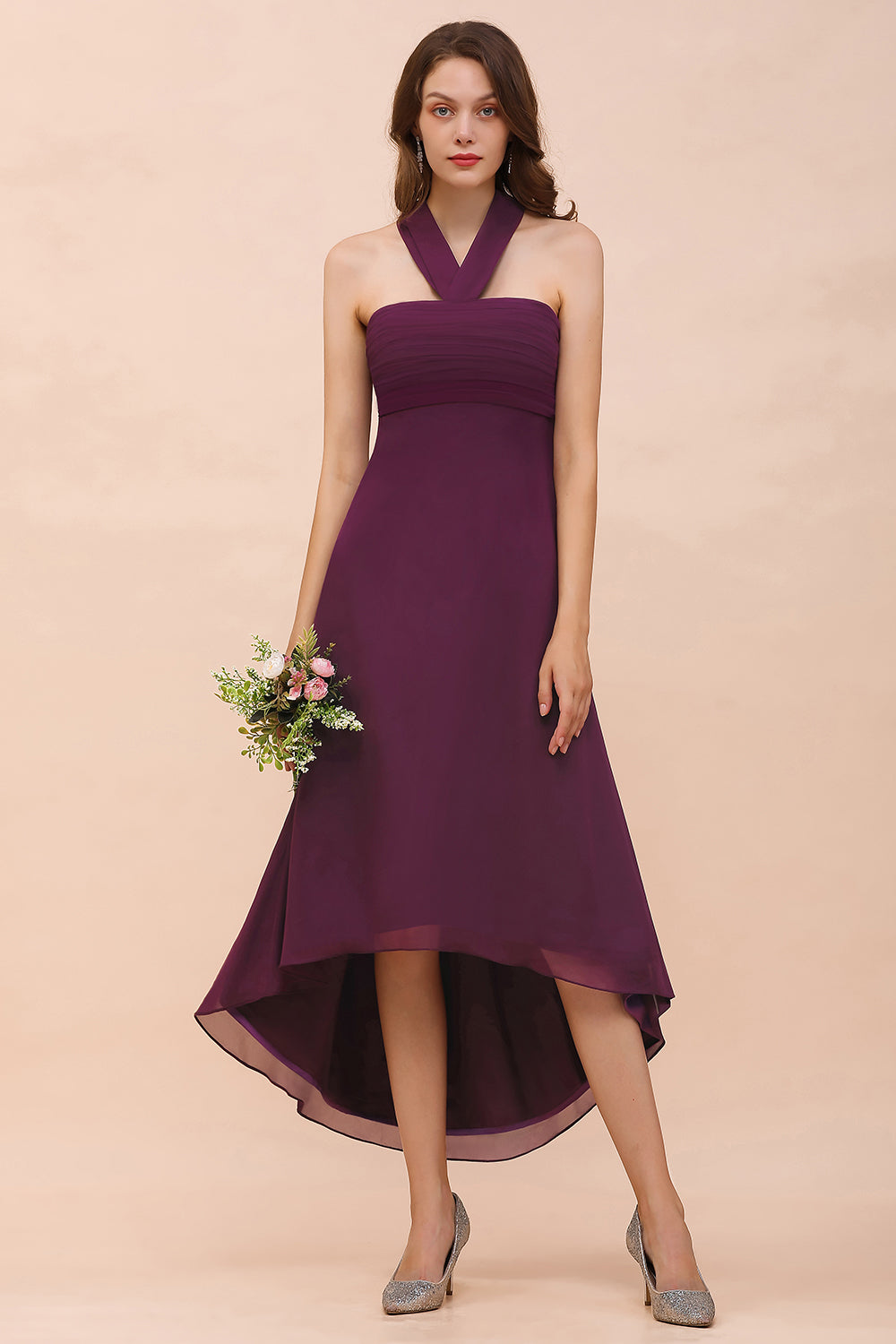 Stylish Hi-Lo Halter Grape Chiffon Affordable Bridesmaid Dresses with Ruffle