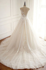 Stylish Jewel A-Line Tulle Ivory Wedding Dress Appliques Sleeveless Bridal Gowns with Beading Sash Online