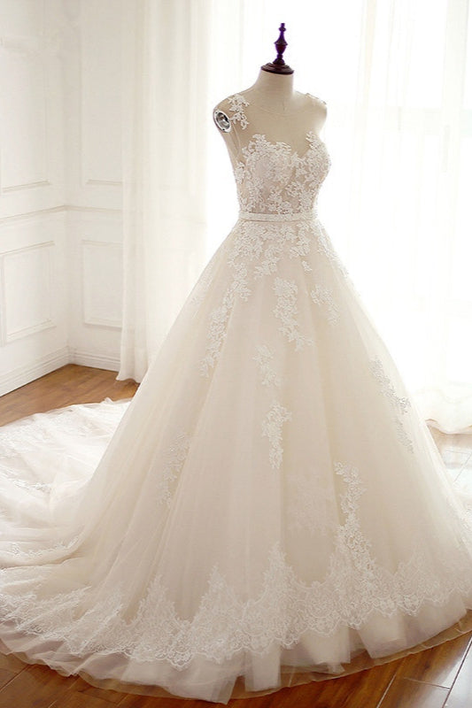 Stylish Jewel A-Line Tulle Ivory Wedding Dress Appliques Sleeveless Bridal Gowns with Beading Sash Online