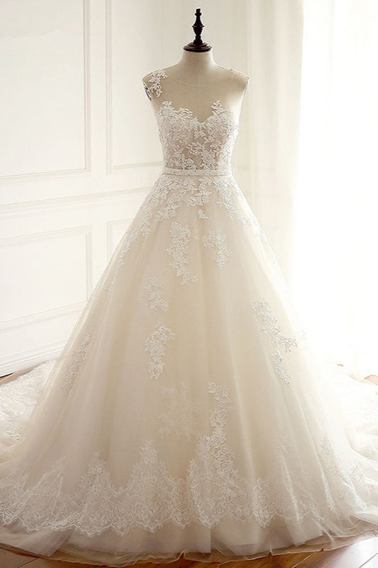 Stylish Jewel A-Line Tulle Ivory Wedding Dress Appliques Sleeveless Bridal Gowns with Beading Sash Online