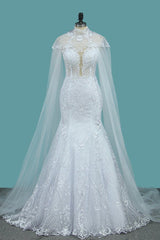 stylish Jewel Sleeveless White Tulle Wedding Dress Mermaid Appliques Bridal Gowns with Wraps Online