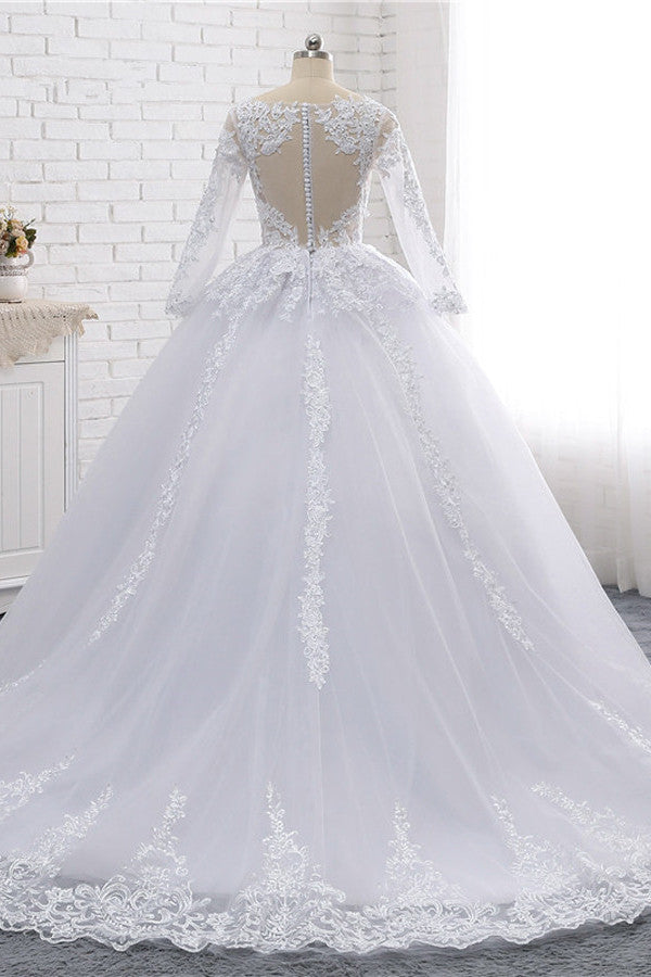 Stylish Long Sleeves Tulle Lace Wedding Dress Ball Gown V-Neck Sequins Appliques Bridal Gowns On Sale