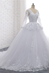 Stylish Long Sleeves Tulle Lace Wedding Dress Ball Gown V-Neck Sequins Appliques Bridal Gowns On Sale