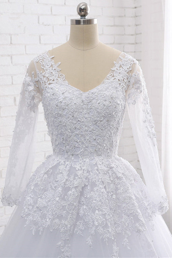 Stylish Long Sleeves Tulle Lace Wedding Dress Ball Gown V-Neck Sequins Appliques Bridal Gowns On Sale