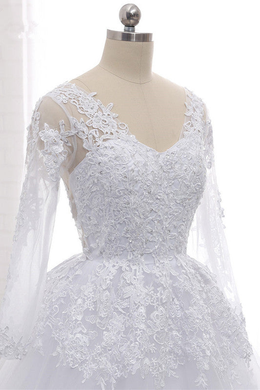 Stylish Long Sleeves Tulle Lace Wedding Dress Ball Gown V-Neck Sequins Appliques Bridal Gowns On Sale