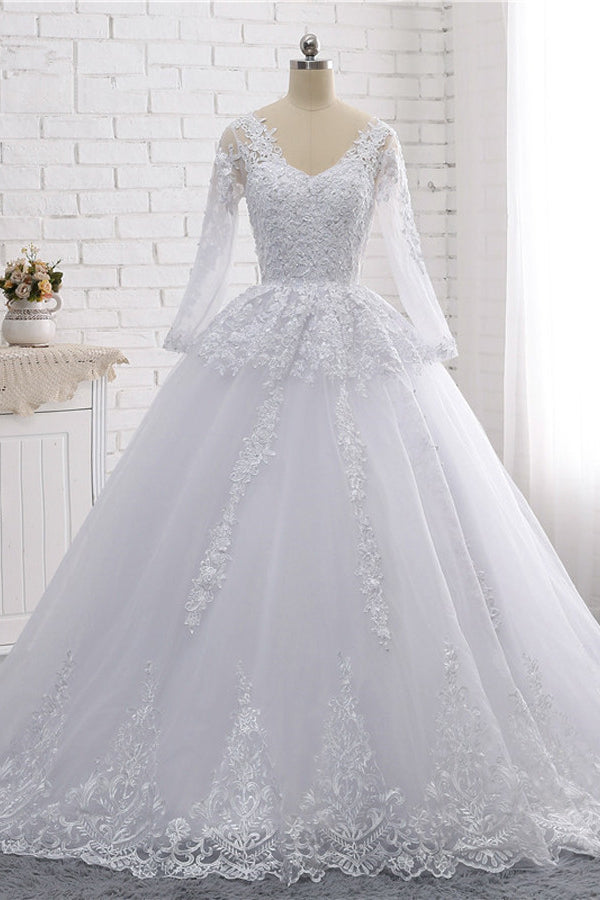 Stylish Long Sleeves Tulle Lace Wedding Dress Ball Gown V-Neck Sequins Appliques Bridal Gowns On Sale