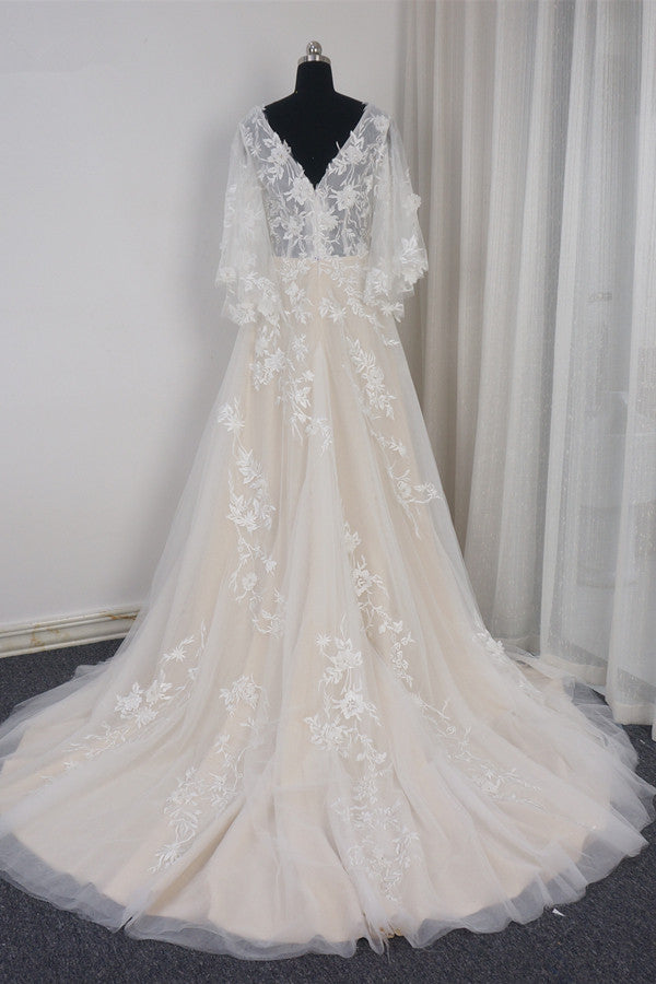 Stylish Long Sleeves V-Neck Tulle Wedding Dress A-Line Appliques Ruffles Bridal Gown Online