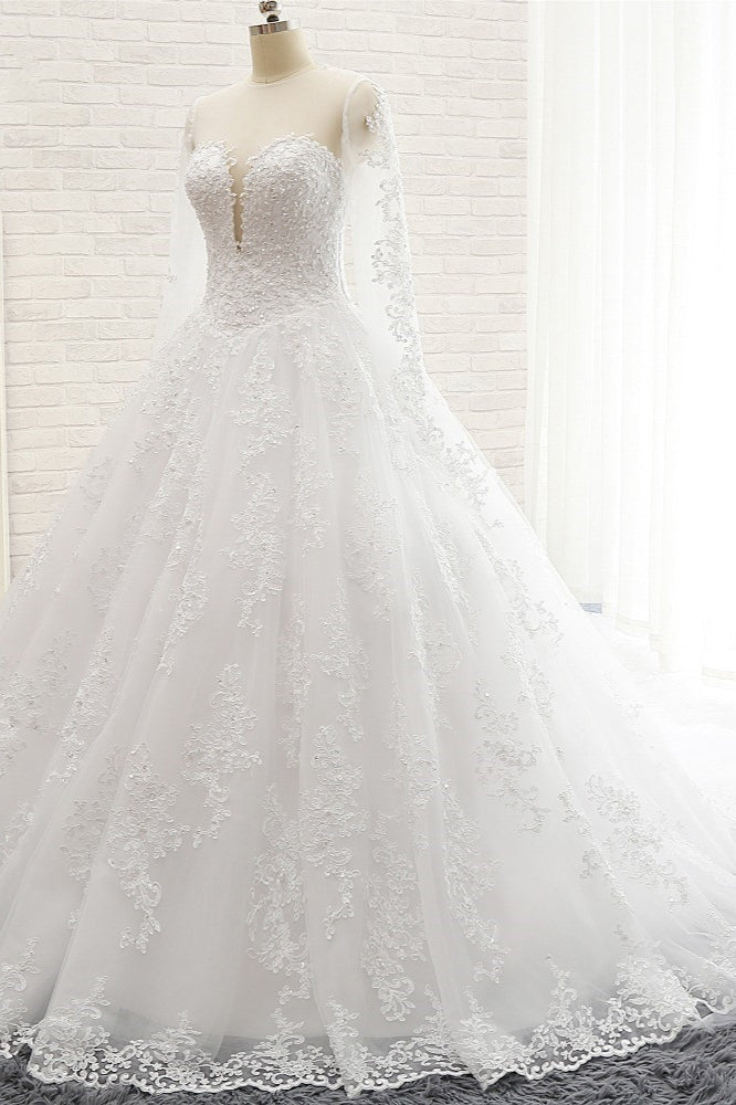 Stylish Longsleeves A line Lace Wedding Dresses Tulle Ruffles Bridal Gowns With Appliques Online