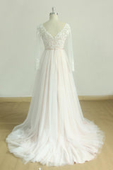 Stylish Longsleeves V-neck Tulle Wedding Dress White Appliques A-line Bridal Gowns On Sale