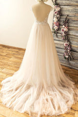 Stylish Off-the-shoulder Jewel Appliques Wedding Dresses A-line Tulle Champagne Bridal Gowns On Sale