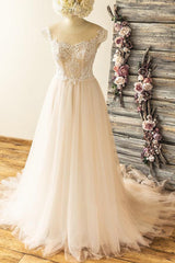 Stylish Off-the-shoulder Jewel Appliques Wedding Dresses A-line Tulle Champagne Bridal Gowns On Sale