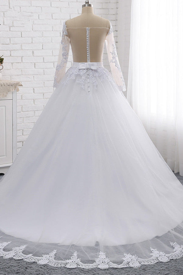 Stylish Off-the-Shoulder Long Sleeves Wedding Dress Tulle Lace Appliques Bridal Gowns with Beadings On Sale