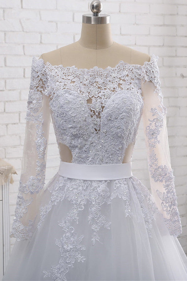 Stylish Off-the-Shoulder Long Sleeves Wedding Dress Tulle Lace Appliques Bridal Gowns with Beadings On Sale