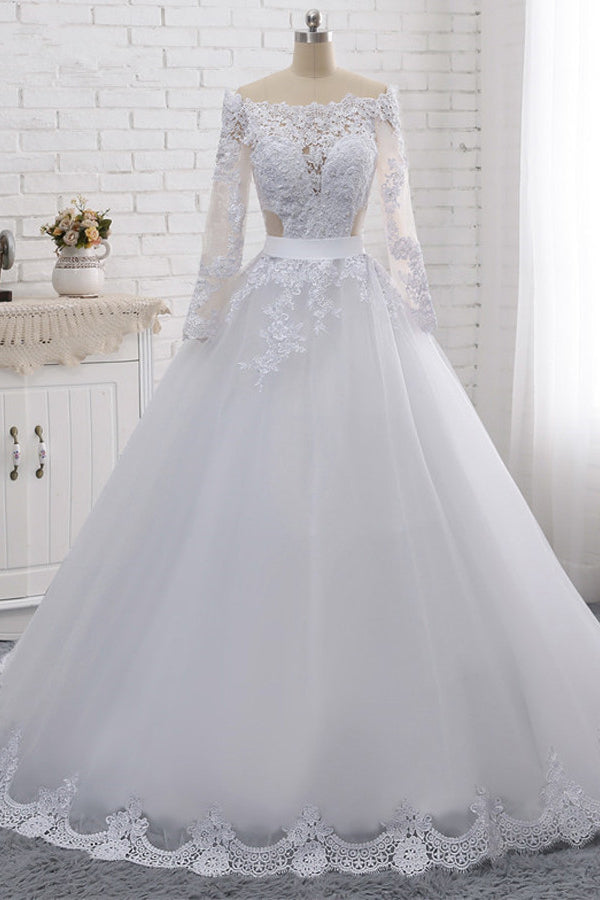 Stylish Off-the-Shoulder Long Sleeves Wedding Dress Tulle Lace Appliques Bridal Gowns with Beadings On Sale