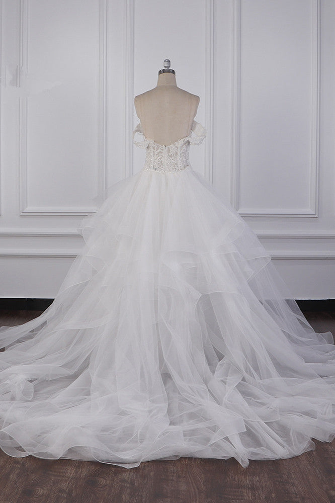 Stylish Off-the-Shoulder Tulle Lace Wedding Dress Strapless Appliques Ruffles Beading Bridal Gowns On Sale