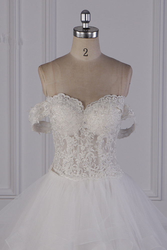 Stylish Off-the-Shoulder Tulle Lace Wedding Dress Strapless Appliques Ruffles Beading Bridal Gowns On Sale