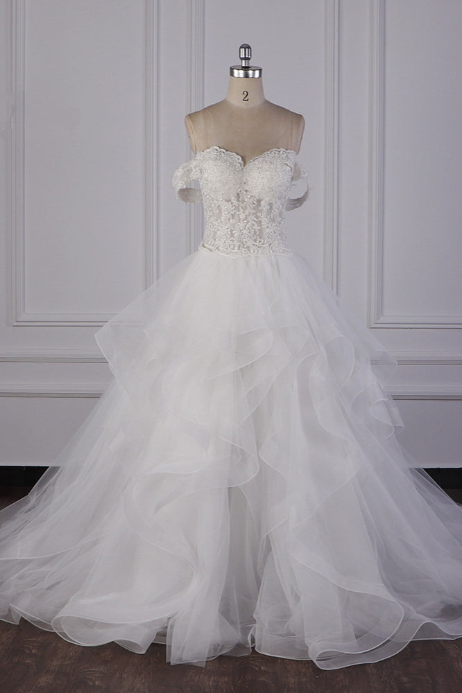 Stylish Off-the-Shoulder Tulle Lace Wedding Dress Strapless Appliques Ruffles Beading Bridal Gowns On Sale