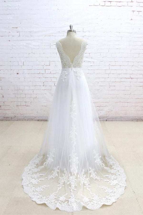 Stylish Sleeveless Straps V-neck Wedding Dresses White A-line Tulle Bridal Gowns With Appliques On Sale