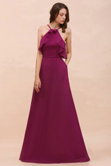 Stylish Spaghetti Straps Mulberry Chiffon Bridesmaid Dress with Ruffles