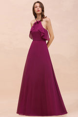 Stylish Spaghetti Straps Mulberry Chiffon Bridesmaid Dress with Ruffles