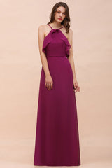 Stylish Spaghetti Straps Mulberry Chiffon Bridesmaid Dress with Ruffles