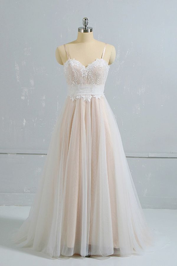 Stylish Spaghetti Straps Sleeveless Lace Wedding Dresses Champgne A-line Ruffles Bridal Gowns On Sale