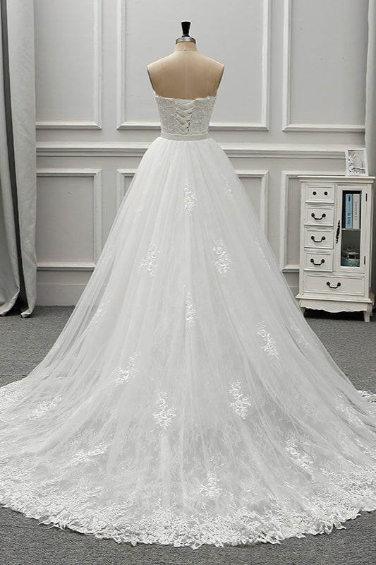 Stylish Strapless Sweetheart Tulle White Wedding Dress Appliqes Sleeveless A-Line Bridal Gowns On Sale