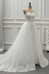 Stylish Strapless Sweetheart Tulle White Wedding Dress Appliqes Sleeveless A-Line Bridal Gowns On Sale