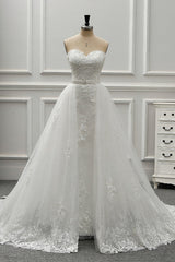 Stylish Strapless Sweetheart Tulle White Wedding Dress Appliqes Sleeveless A-Line Bridal Gowns On Sale