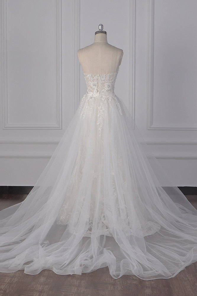 Stylish Strapless Tulle Lace Wedding Dress Sweetheart Appliques Bridal Gowns with Overskirt On Sale