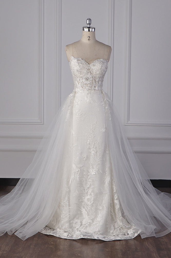 Stylish Strapless Tulle Lace Wedding Dress Sweetheart Appliques Bridal Gowns with Overskirt On Sale