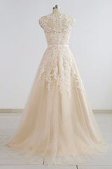 Stylish Straps Sleeveless Champagne Wedding Dresses A-line Lace Bridal Gowns Online