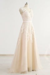 Stylish Straps Sleeveless Champagne Wedding Dresses A-line Lace Bridal Gowns Online