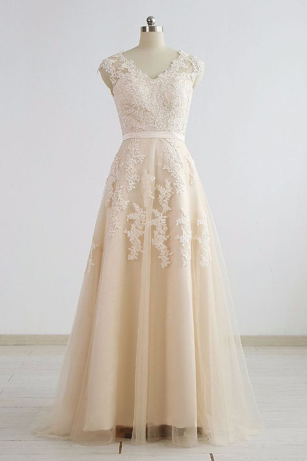 Stylish Straps Sleeveless Champagne Wedding Dresses A-line Lace Bridal Gowns Online