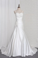 Stylish Straps Sweetheart Wedding Dress White Satin Lace Appliques Beadings Bridal Gowns Online