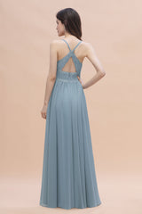 Stylish Straps V-Neck Chiffon Lace Dusty Blue Bridesmaid Dress On Sale