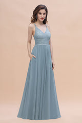 Stylish Straps V-Neck Chiffon Lace Dusty Blue Bridesmaid Dress On Sale