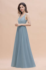 Stylish Straps V-Neck Chiffon Lace Dusty Blue Bridesmaid Dress On Sale