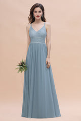 Stylish Straps V-Neck Chiffon Lace Dusty Blue Bridesmaid Dress On Sale