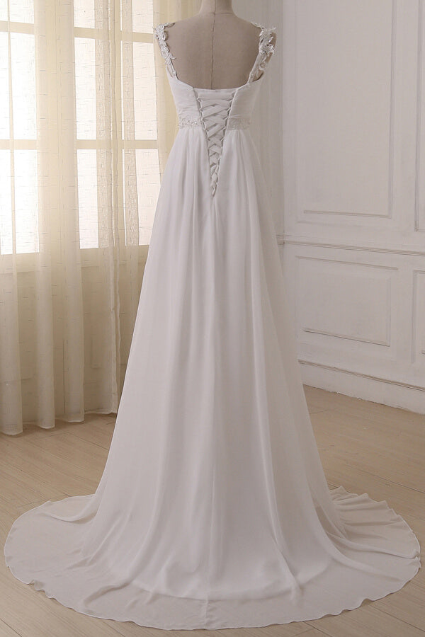 Stylish Straps V-neck Chiffon Wedding Dress A-line White Appliques Bridal Gowns On Sale