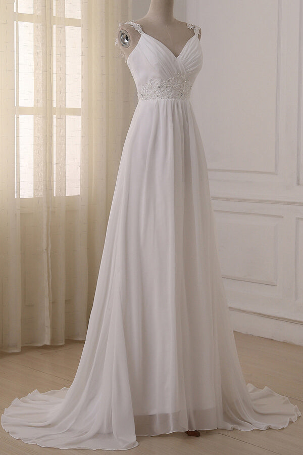 Stylish Straps V-neck Chiffon Wedding Dress A-line White Appliques Bridal Gowns On Sale