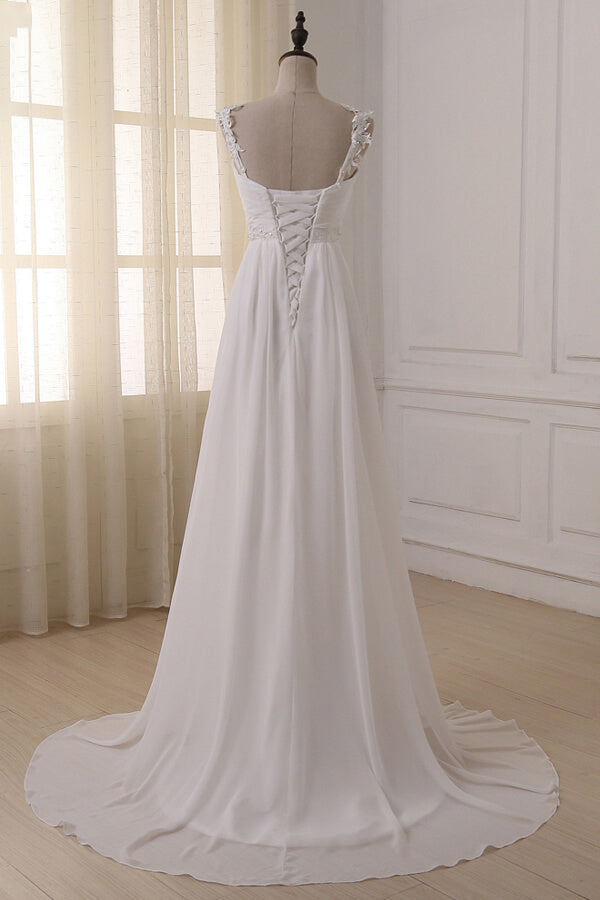 Stylish Straps V-neck Chiffon Wedding Dress A-line White Appliques Bridal Gowns On Sale