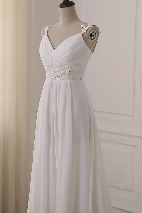 Stylish Straps V-neck Chiffon Wedding Dress A-line White Appliques Bridal Gowns On Sale