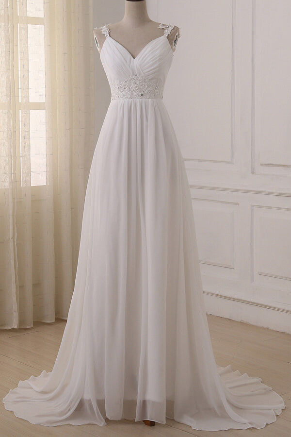 Stylish Straps V-neck Chiffon Wedding Dress A-line White Appliques Bridal Gowns On Sale