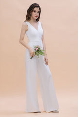 Stylish V-neck Sleeveless White Lace Bridesmaid Jumpsuit Online